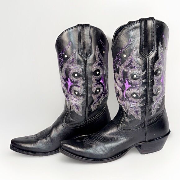 Gypsy Rose Western Boot Leather Cowboy Black Purple Studded Rhinestone Women 7.5 - Picture 1 of 16